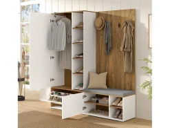 Conjunto vestiário de entrada 160x38x180cm - con 3 portas e compartimentos de armazenamento - con espelho e móvel para sapatos - con gancho - Natural + Branco