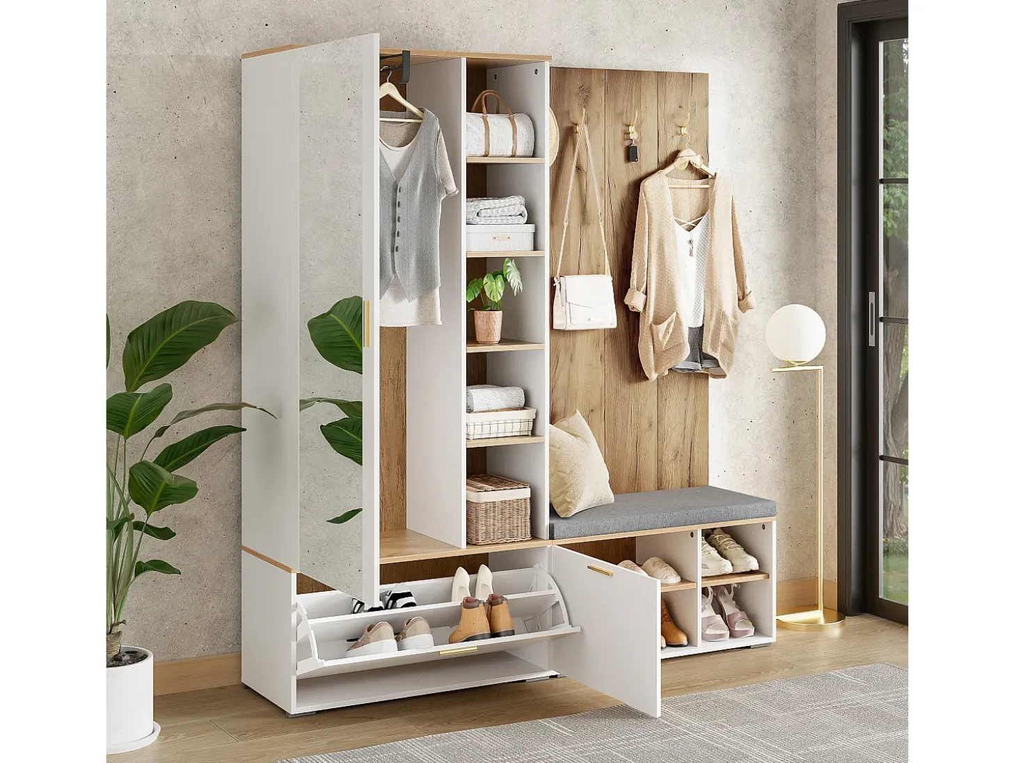 Conjunto vestiário de entrada 160x38x180cm - con 3 portas e compartimentos de armazenamento - con espelho e móvel para sapatos - con gancho - Natural + Branco