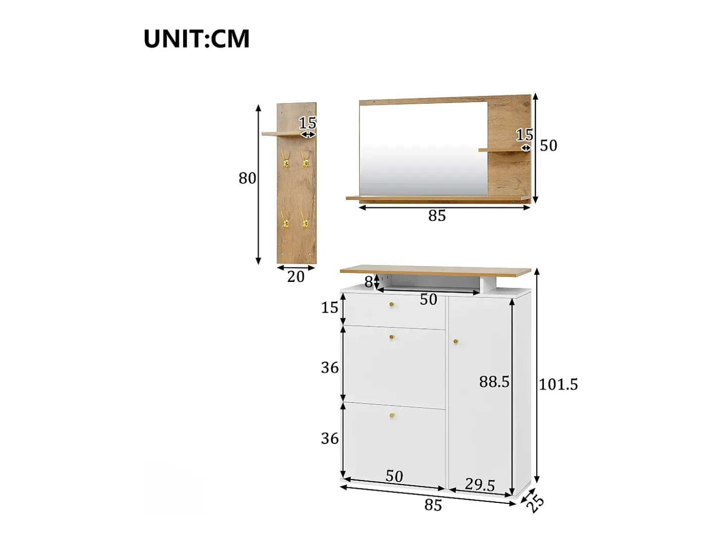 Conjunto vestiário de entrada 105x25x151,5cm - con LED - con 3 portas e 1 gaveta - con espelho e móvel para sapatos - Branco + Natural