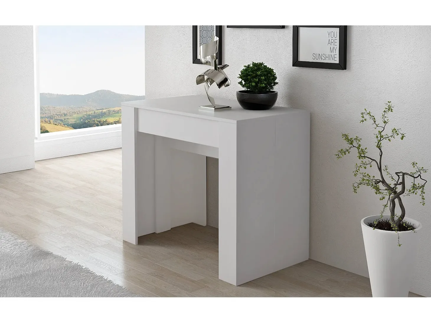 Consola 0, Mesa de jantar extensível até 10 lugares, Consola moderna com extensões, 90x52h78 cm, Branca