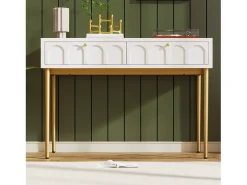 Consola com 2 gavetas - Branco leitoso e dourado - Madeira e metal