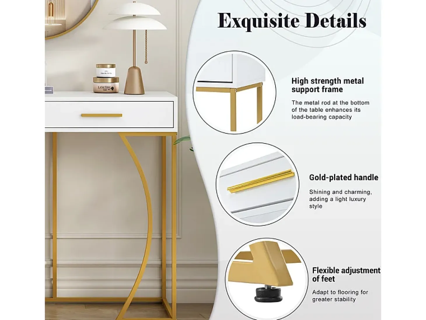 Consola com 2 gavetas - estilo moderno - Branco e Dourado