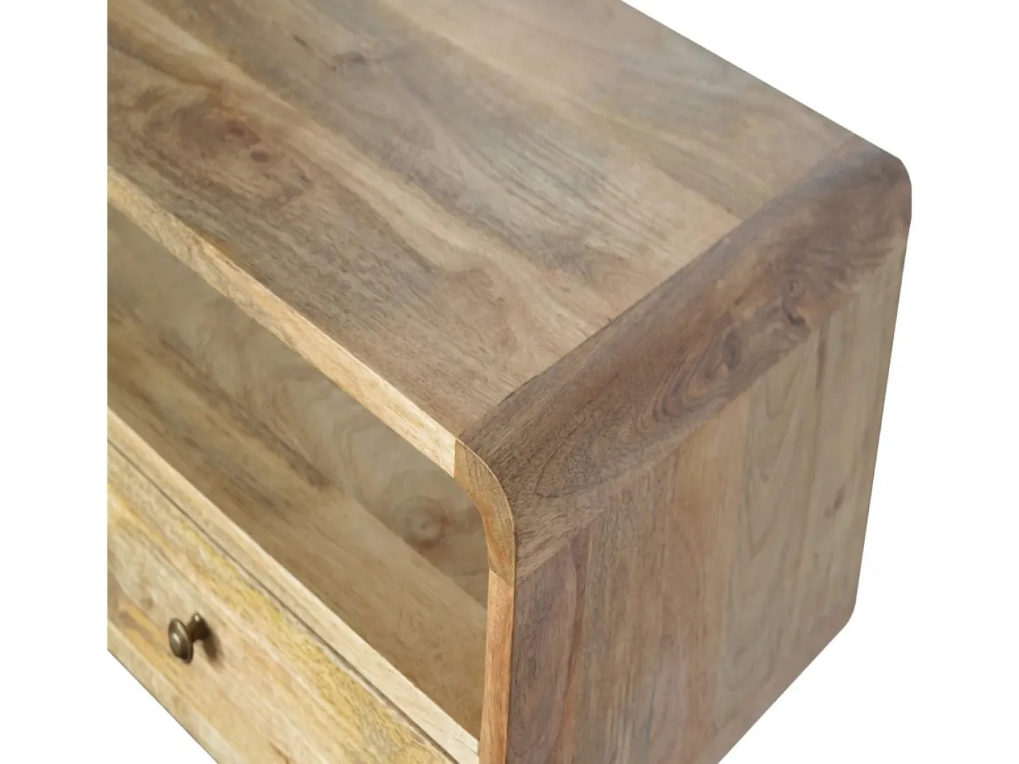 Consola curva estilo carvalho Artisan Furniture, 2 gavetas, 1 prateleira aberta, castanho claro