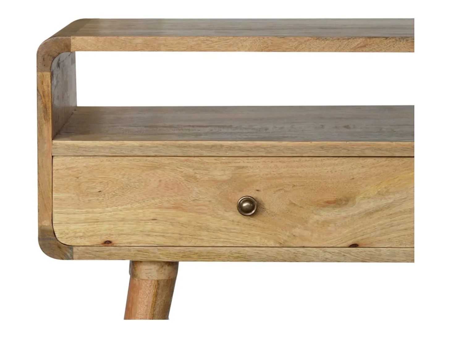 Consola curva estilo carvalho Artisan Furniture, 2 gavetas, 1 prateleira aberta, castanho claro