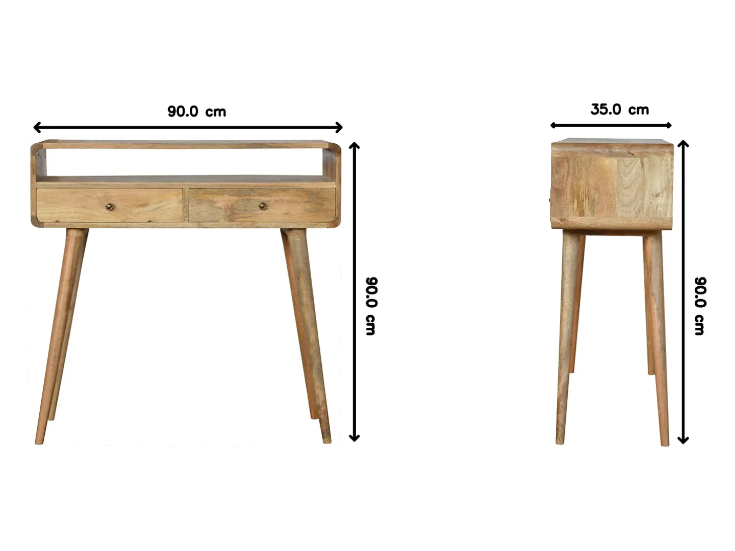 Consola curva estilo carvalho Artisan Furniture, 2 gavetas, 1 prateleira aberta, castanho claro
