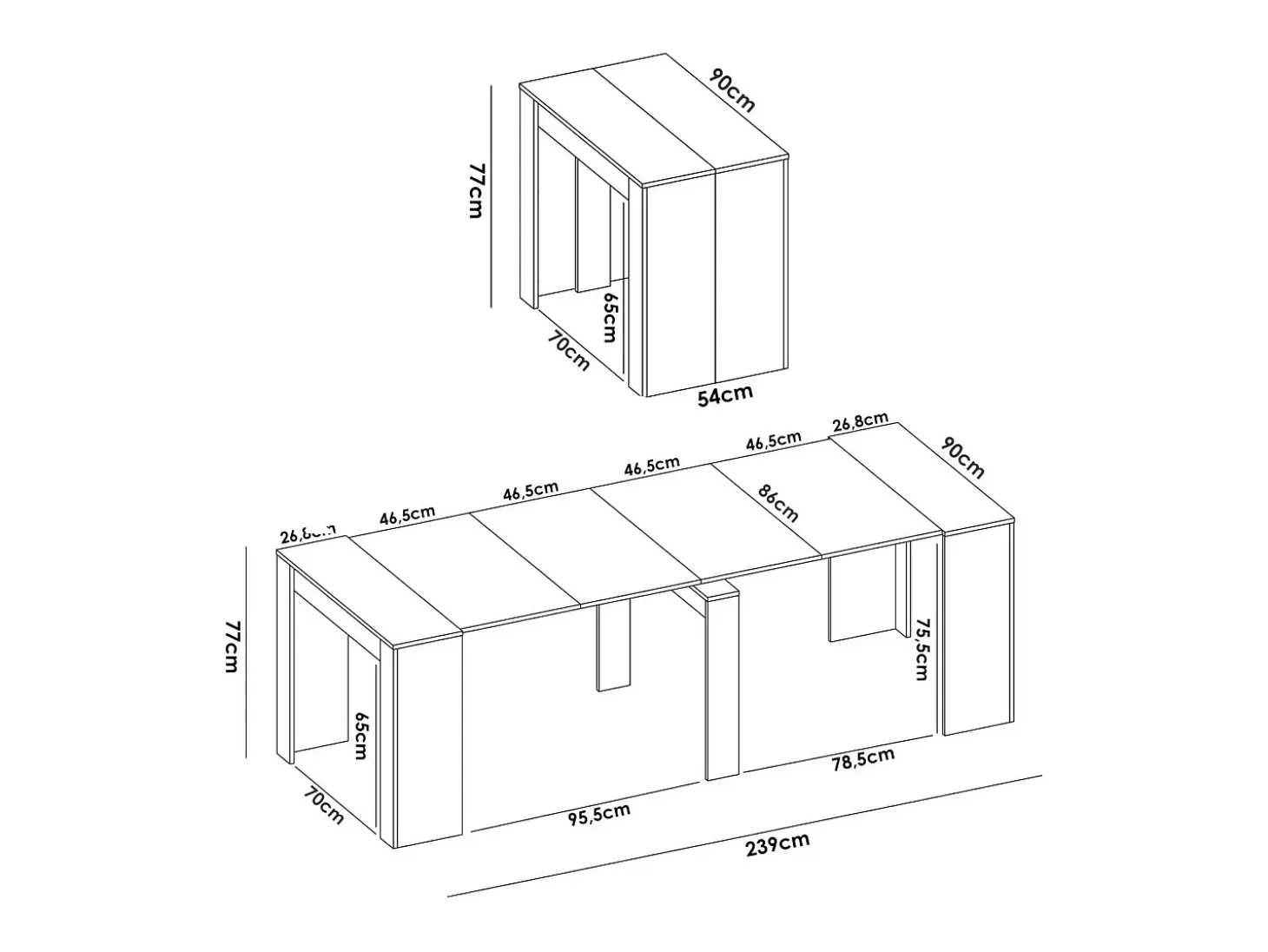 Consola extensível Cognolo, Mesa de jantar multiusos, Consola extensível multiposições com suporte de extensão incluído, 54/239x90h77 cm, Branco