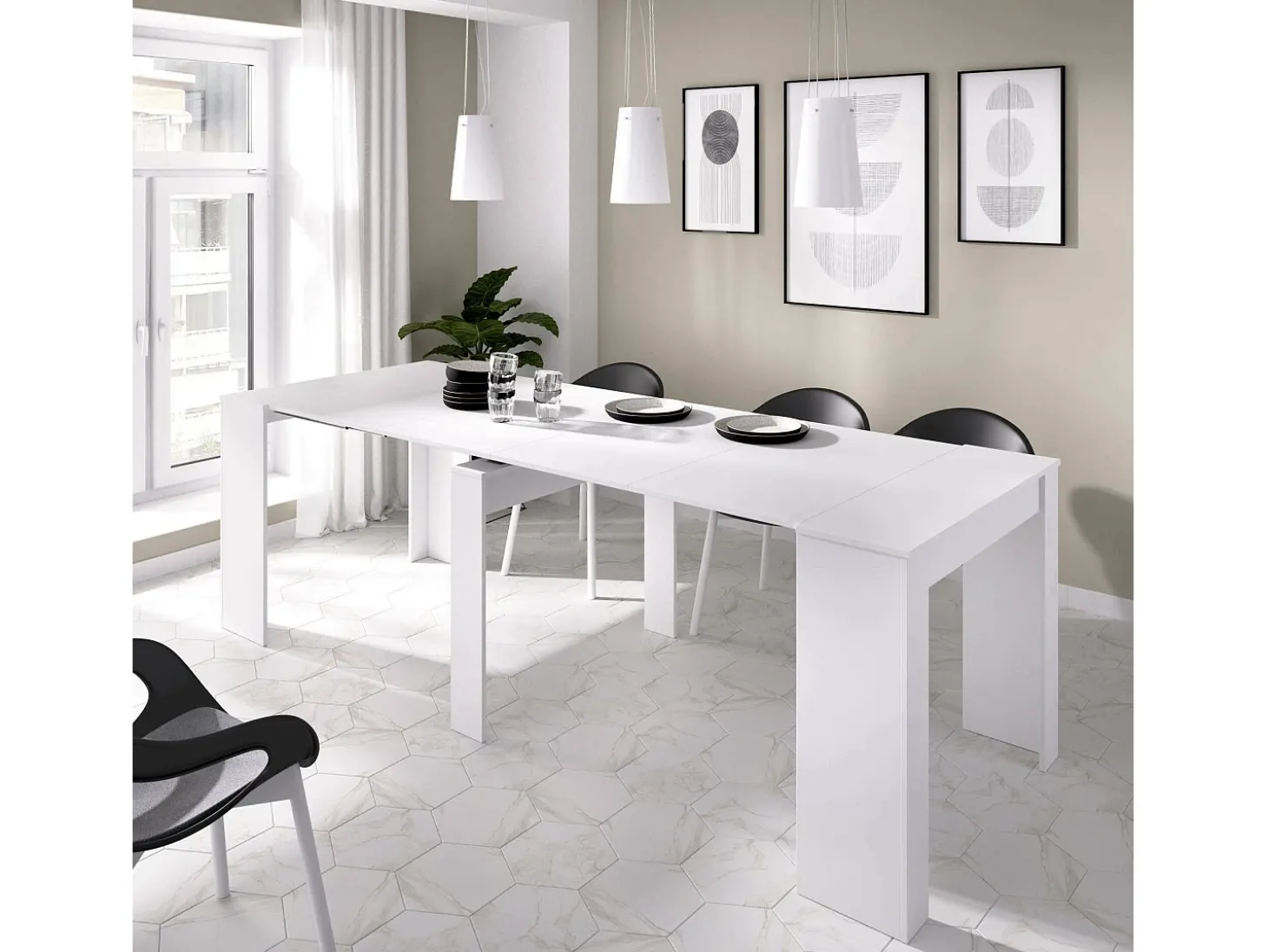 Consola extensível Dbiragh, Mesa de jantar multiusos, Consola extensível multiposições com suporte de extensão incluído, 54/239x90h77 cm, Branco