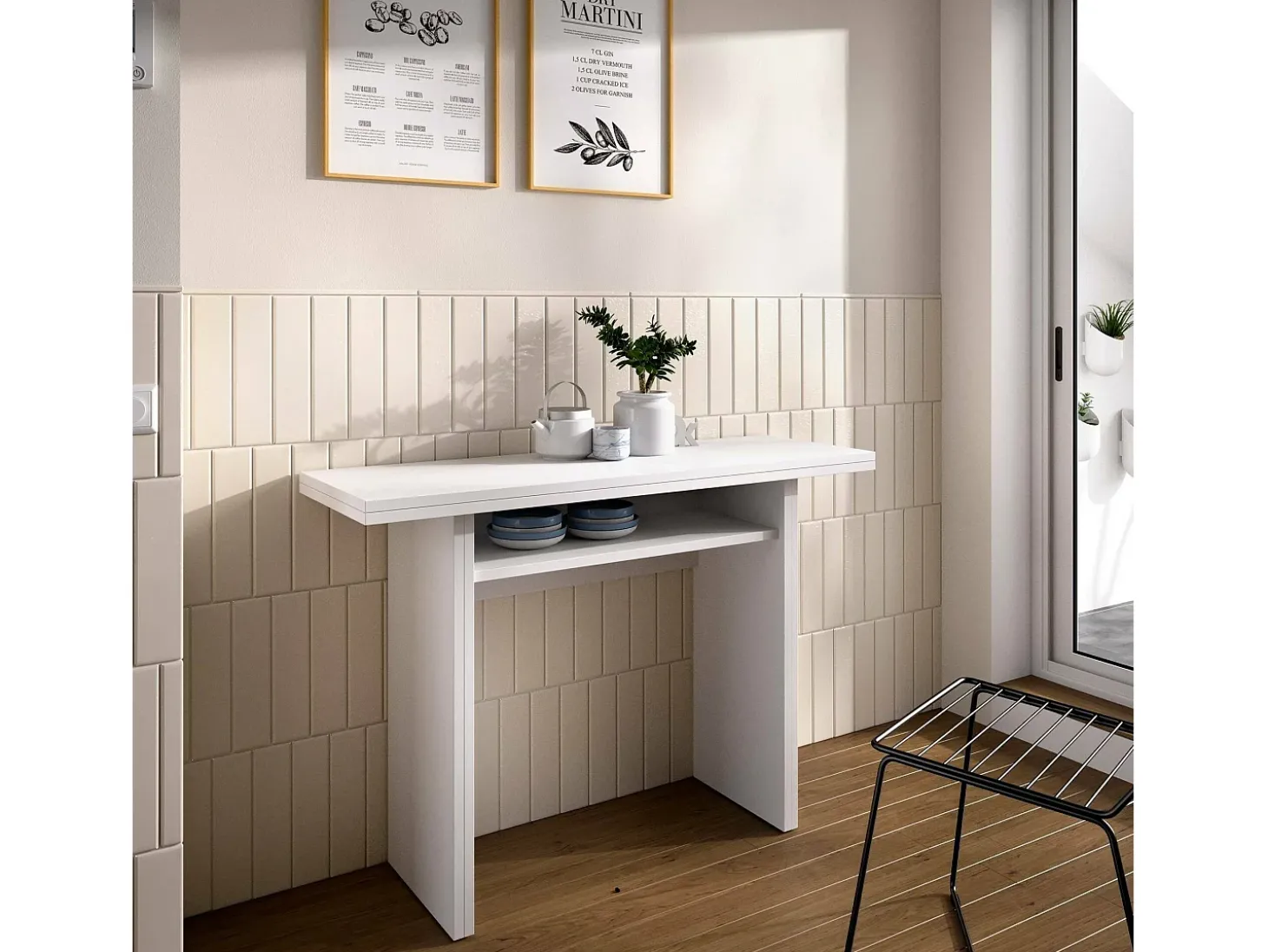 Consola extensível Dmanuel, Consola auxiliar extensível multiposições, Mesa de jantar dobrável com tampo rebatível, 110x33/66h75 cm, Branco