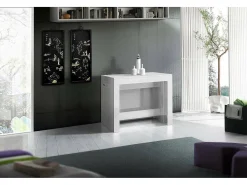 Consola extensível Martino, Consola extensível até 12 lugares, Mesa com suportes de extensão, 100% Fabricado em Itália, 51/300x90h77 cm, Lariço branco brilhante