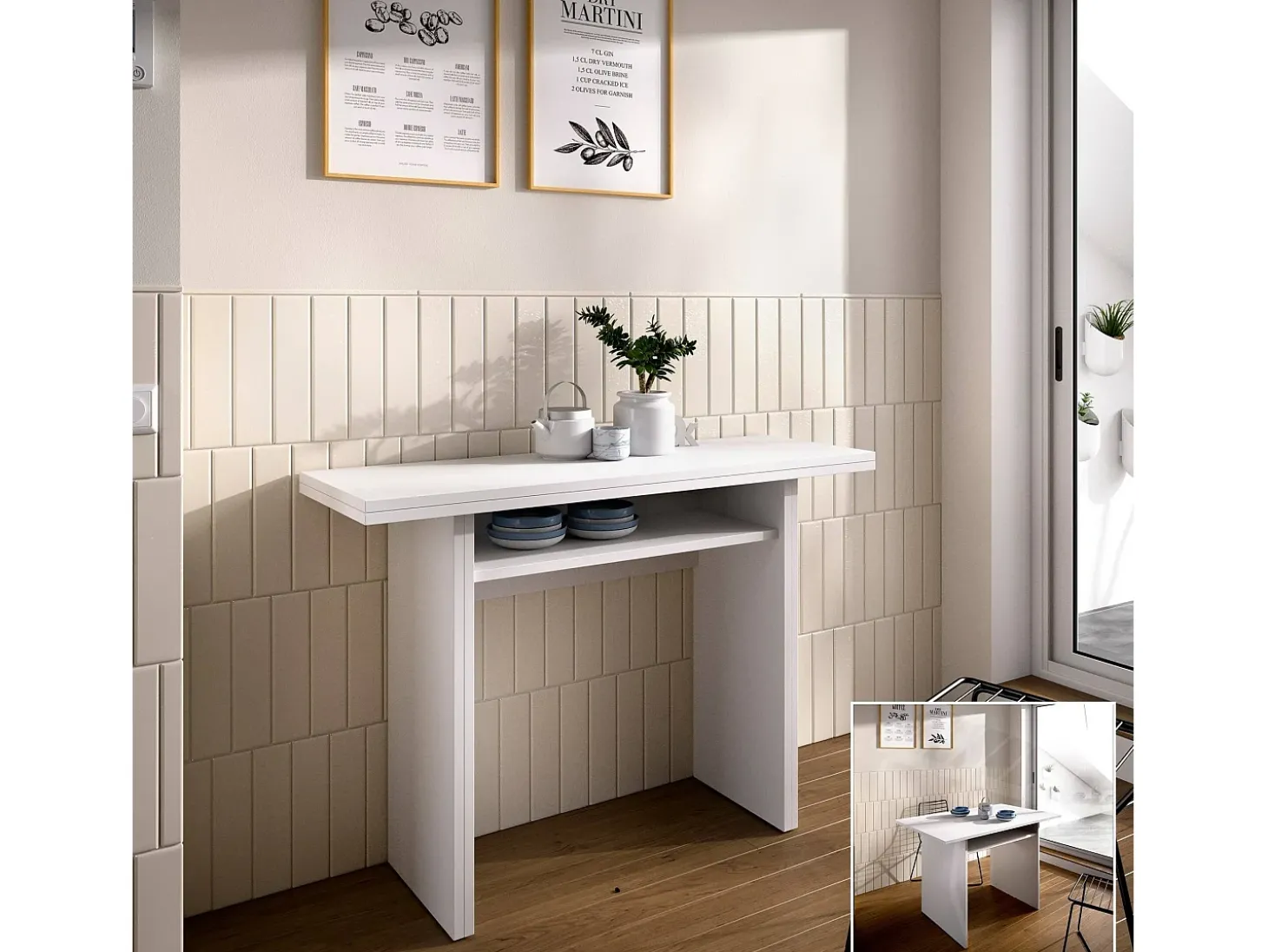 Consola extensível Rodella, Consola extensível auxiliar multiposições, Mesa de jantar dobrável com tampo rebatível, 110x33/66h75 cm, Branco