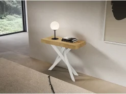 Consola extensível 90x40/196 cm Saki Premium Pequenas pernas brancas de carvalho natural