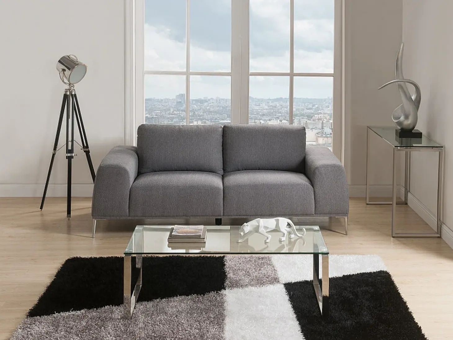 Console de design FREYA em vidro temperado e metal cromado.