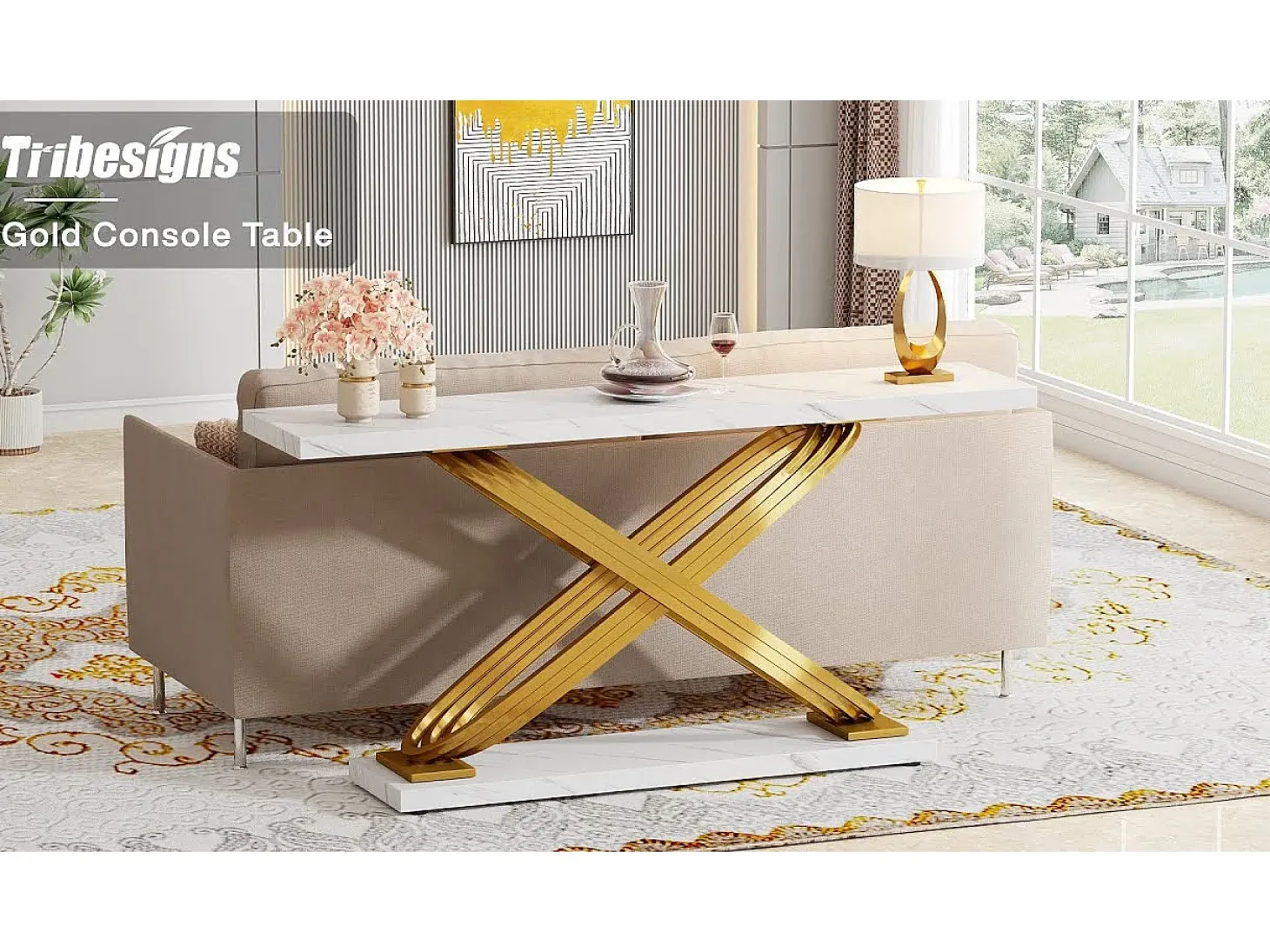 Console de entrada, 140 x 33 x 80 cm Console moderna, Mesa de entrada com pés metálicos geométricos, Branco e Dourado