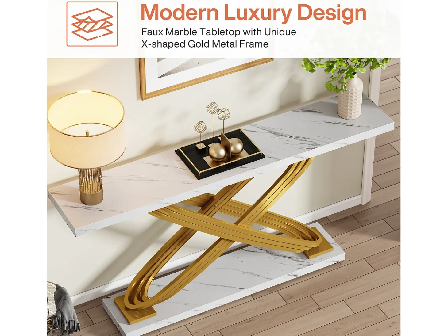 Console de entrada, 140 x 33 x 80 cm Console moderna, Mesa de entrada com pés metálicos geométricos, Branco e Dourado