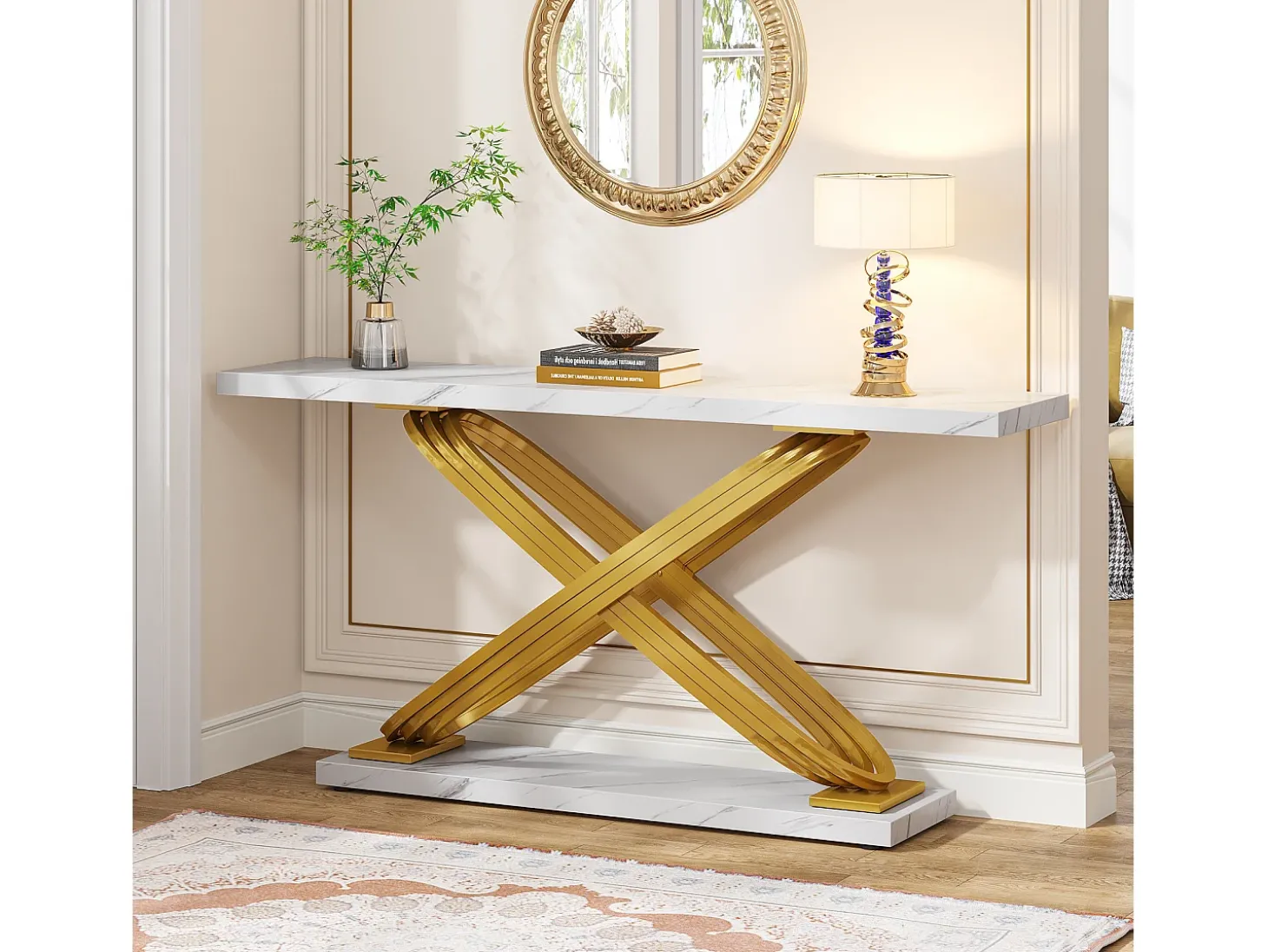 Console de entrada, 140 x 33 x 80 cm Console moderna, Mesa de entrada com pés metálicos geométricos, Branco e Dourado