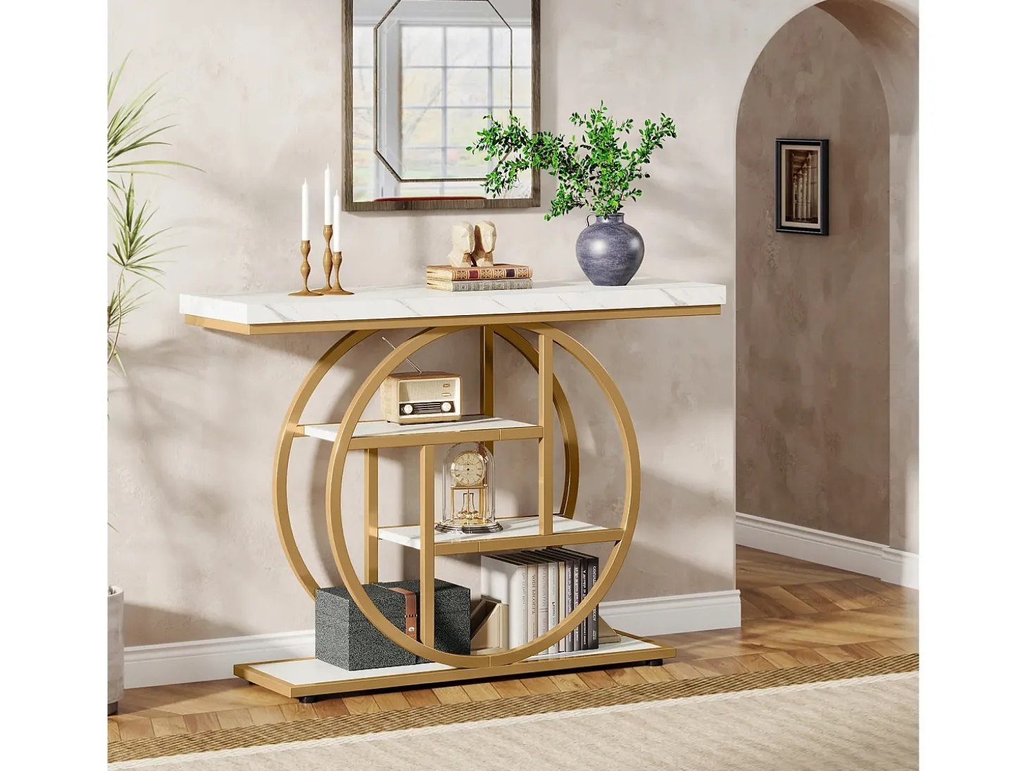 Console de Estilo Industrial de 105 cm, com 4 Níveis e Base Circular, estreita em Madeira com Prateleiras de Armazenamento (Branco/Dourado)