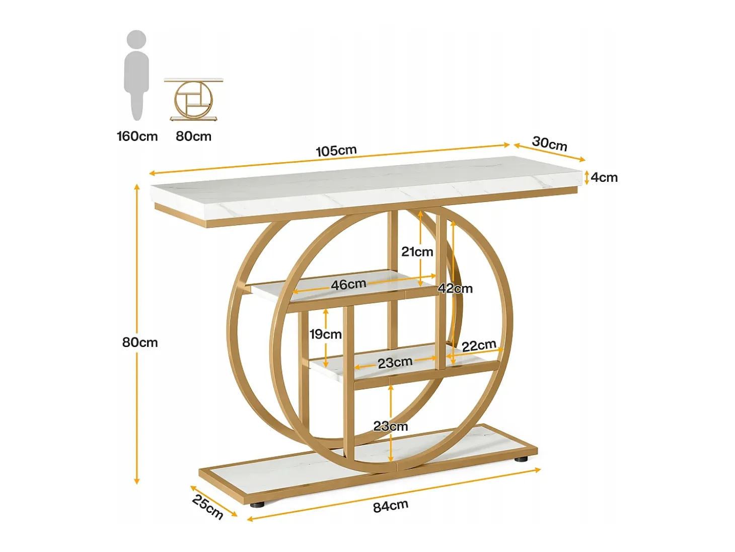 Console de Estilo Industrial de 105 cm, com 4 Níveis e Base Circular, estreita em Madeira com Prateleiras de Armazenamento (Branco/Dourado)