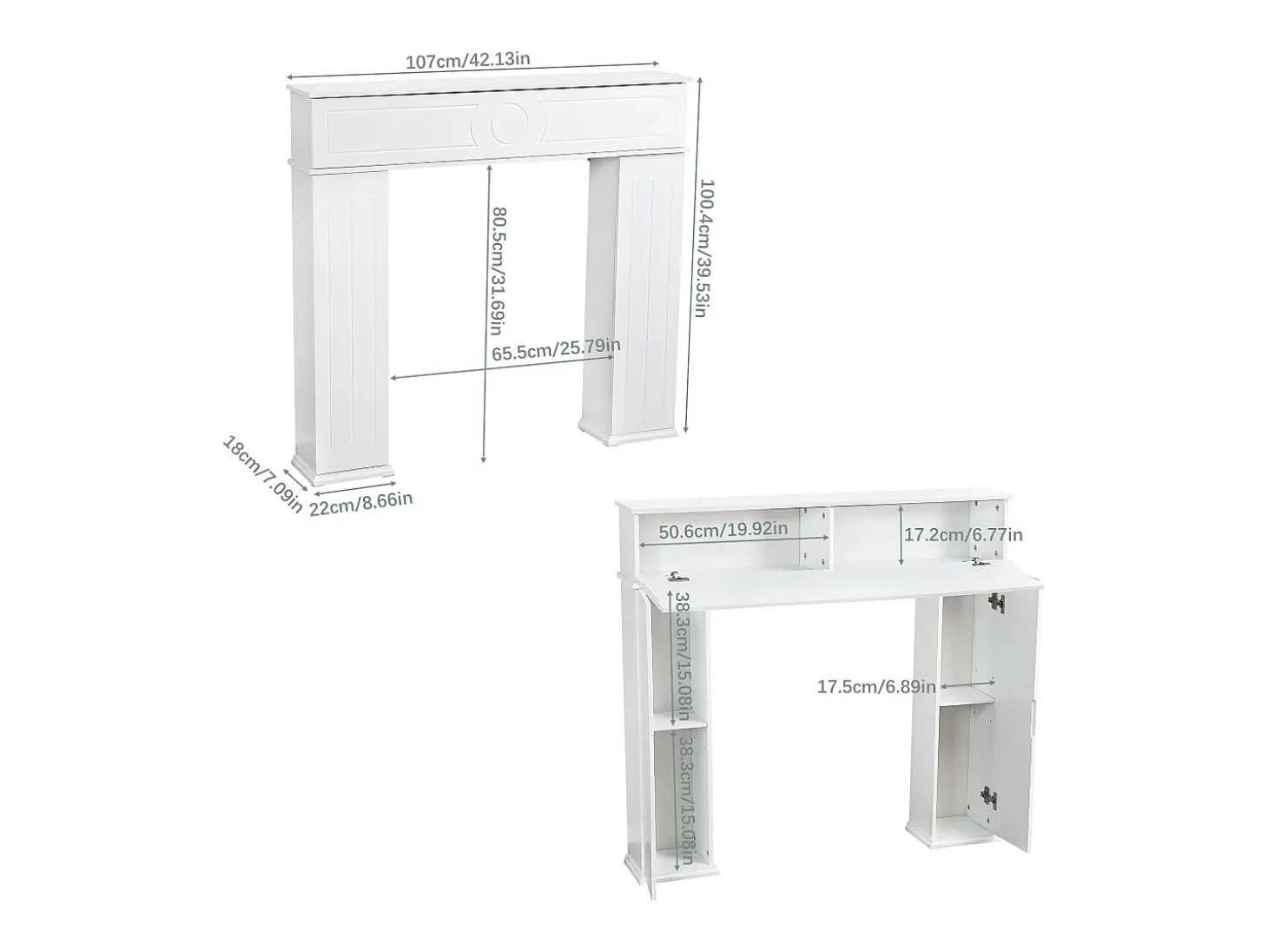 Console de lareira 107 x 18 x 100 cm, Armário de armazenamento decorativo com espaço para guardar objetos