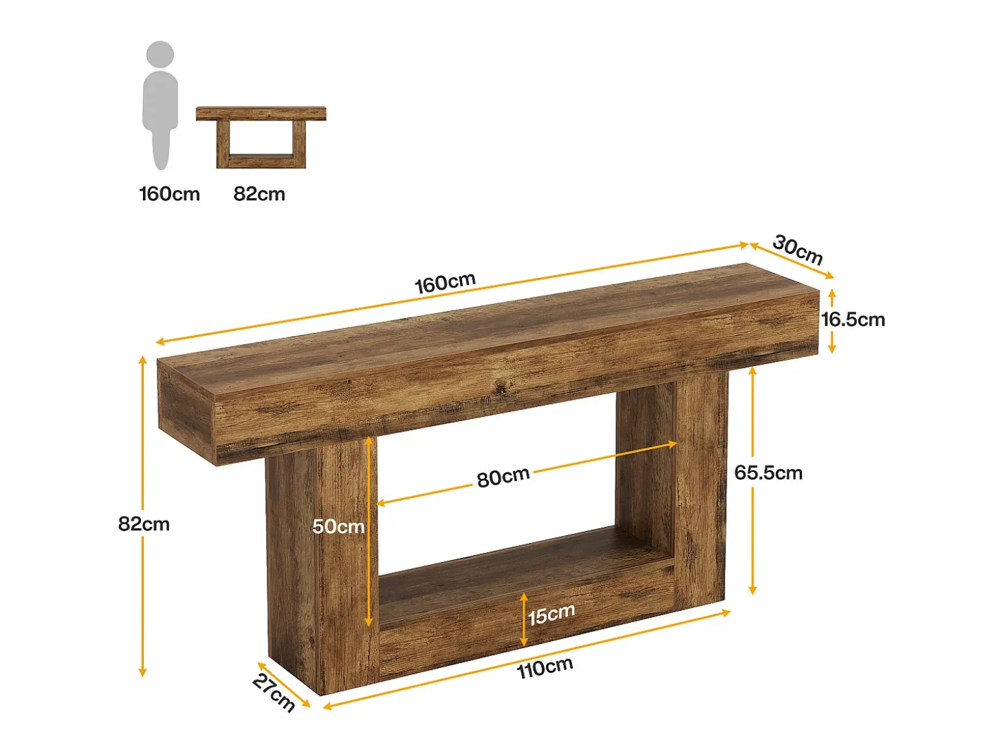 Console de mesa com 160 cm de comprimento, mesa de entrada com 2 andares, mesa baixa com espaço de armazenamento