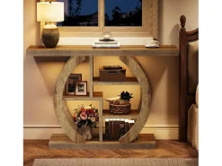 Console de mesa com 4 níveis, 108 cm, com base circular, em madeira com prateleiras de armazenamento, para sala, corredor, lareira, carvalho claro marrom