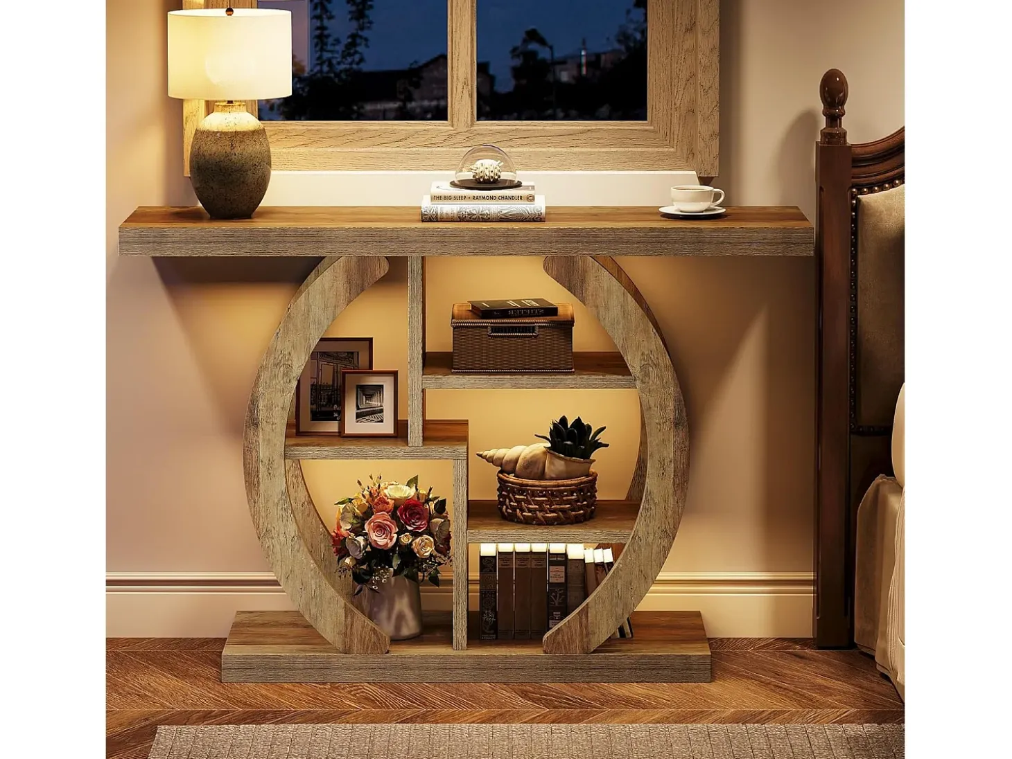 Console de mesa com 4 níveis, 108 cm, com base circular, em madeira com prateleiras de armazenamento, para sala, corredor, lareira, carvalho claro marrom