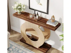 Console de mesa de 100 cm com armazenamento - Mesa de entrada em madeira para sala, com prateleiras e base circular