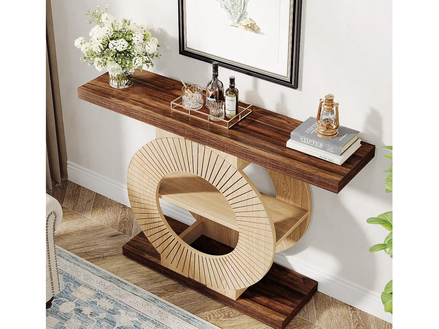 Console de mesa de 100 cm com armazenamento - Mesa de entrada em madeira para sala, com prateleiras e base circular