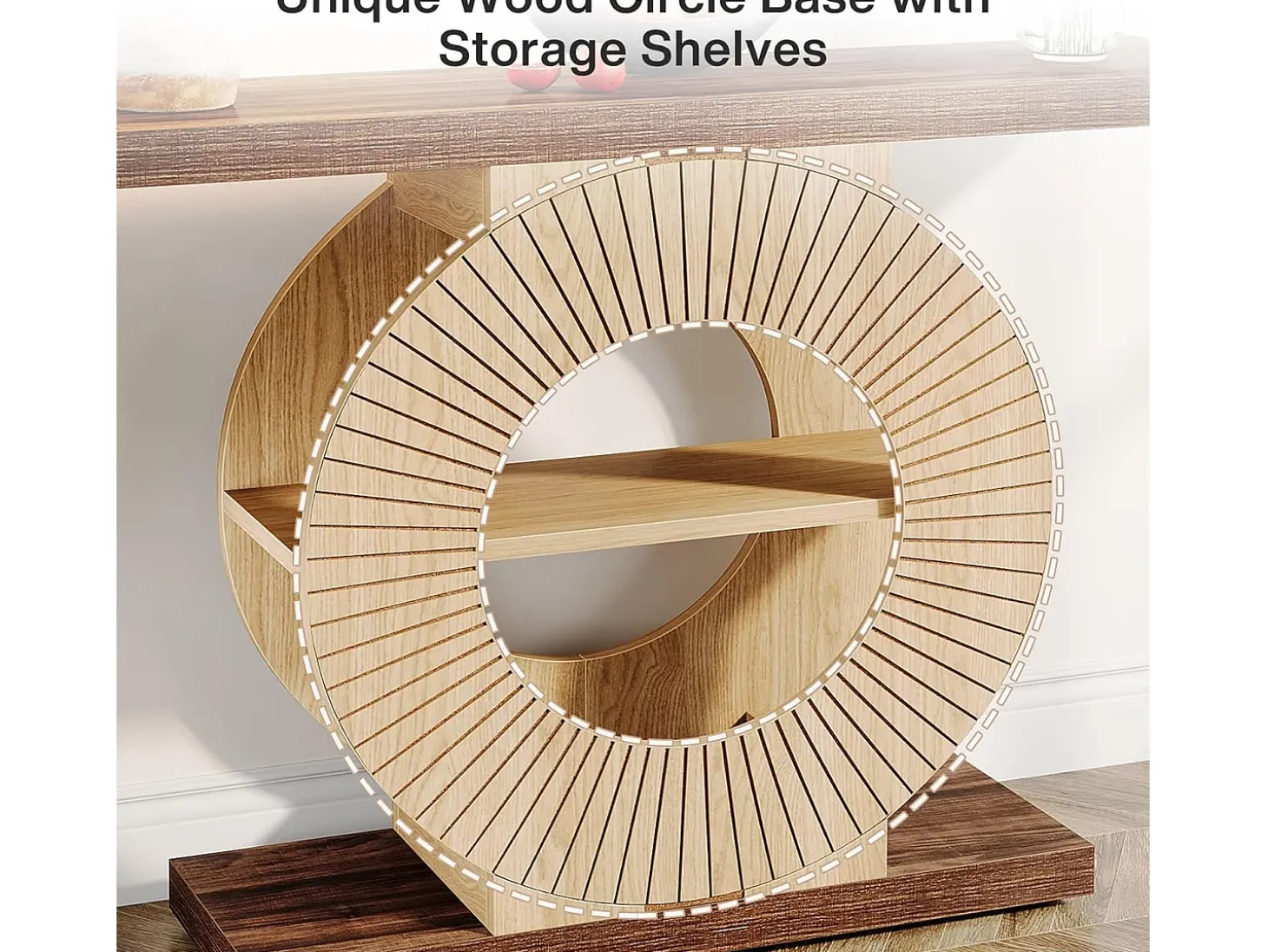 Console de mesa de 100 cm com armazenamento - Mesa de entrada em madeira para sala, com prateleiras e base circular