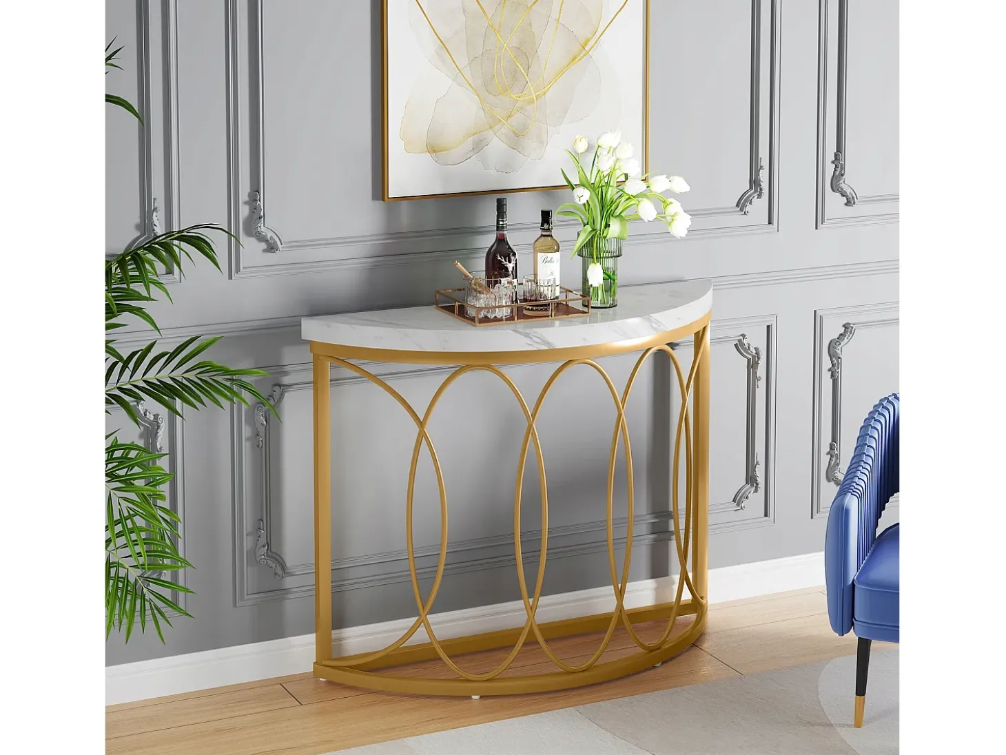 Console de mesa dourada, mesa de cabeceira, mesa de sofá, mesa de corredor com mesa em imitação de mármore, moldura de metal e design em meia lua