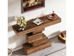 Console de mesa, mesa de apoio de 108 cm feita de madeira estreita atrás do sofá com base geométrica, mesa de entrada industrial, marrom rústico