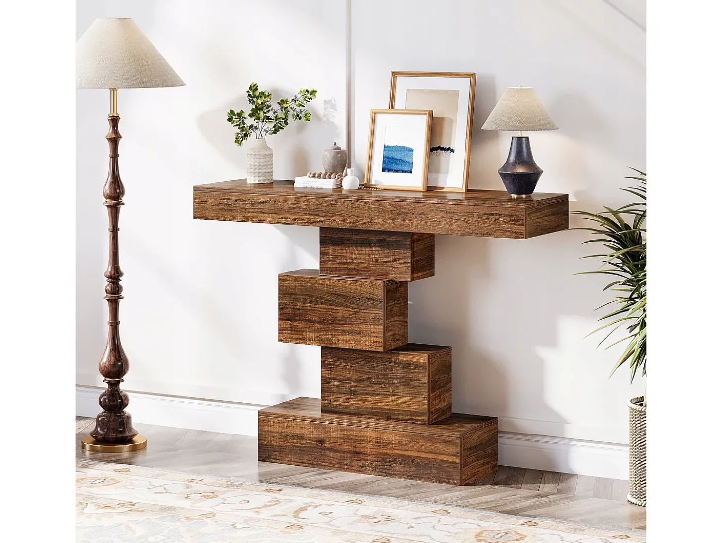 Console de mesa, mesa de apoio de 108 cm feita de madeira estreita atrás do sofá com base geométrica, mesa de entrada industrial, marrom rústico
