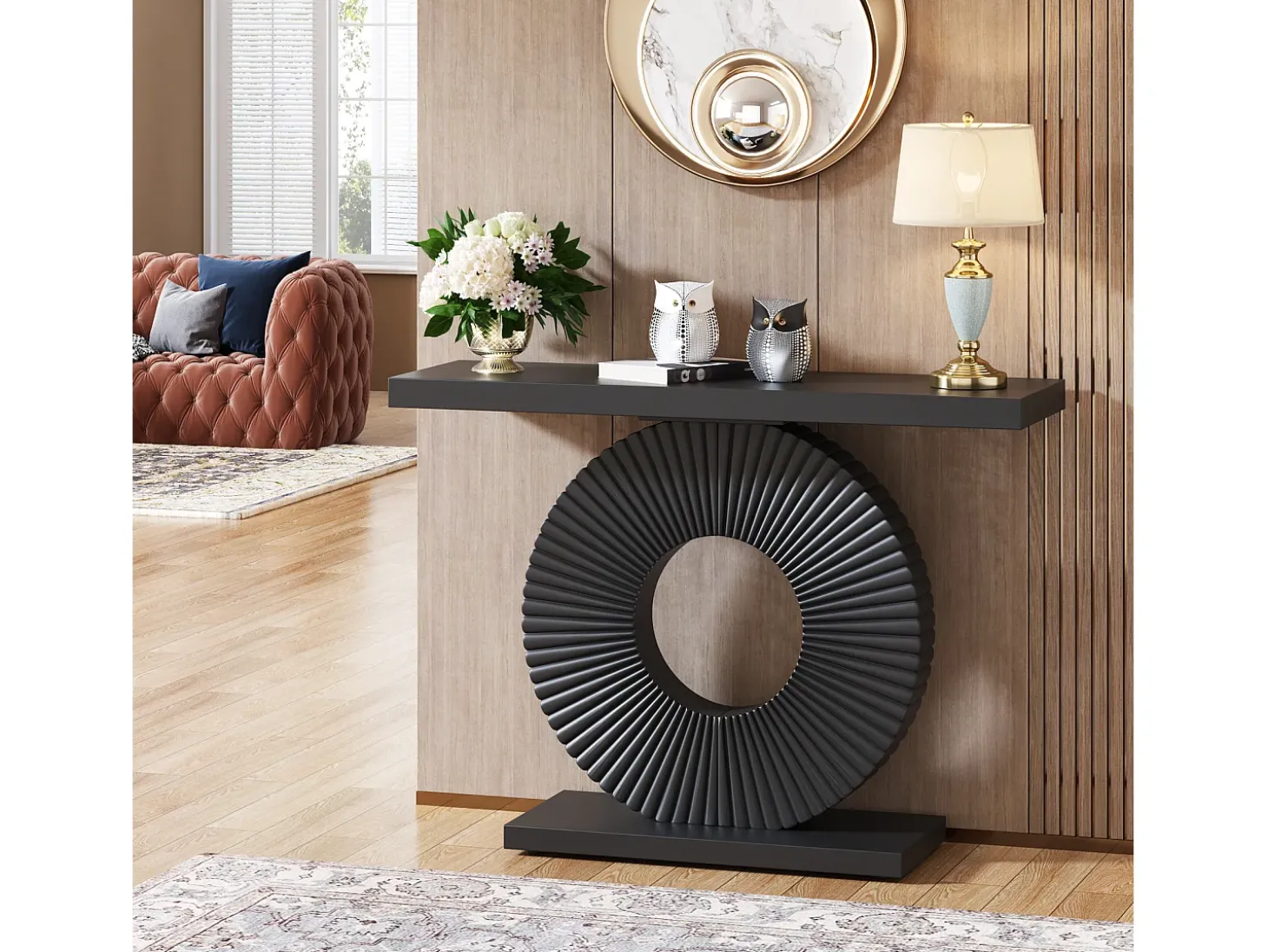 Console de mesa moderna com base geométrica, mesa de entrada em madeira de 100 cm