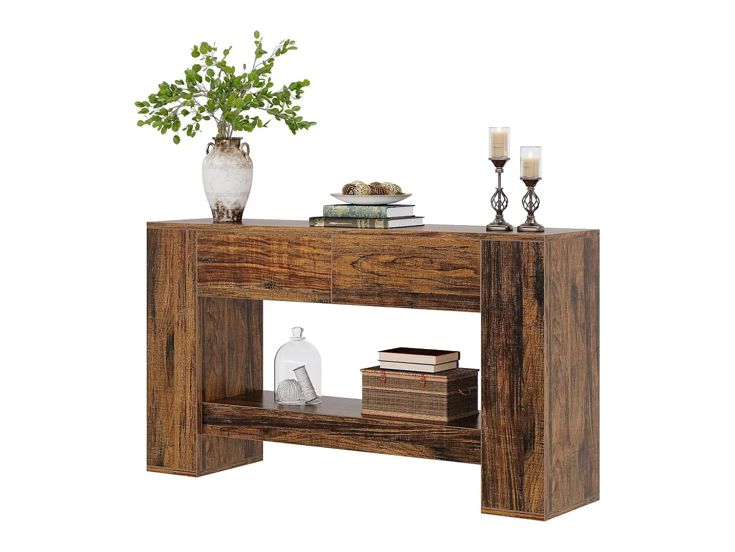 Console de Mesa Rústica Marrom com 2 Gavetas, Console de Mesa Estreita de 2 Níveis de 140cm