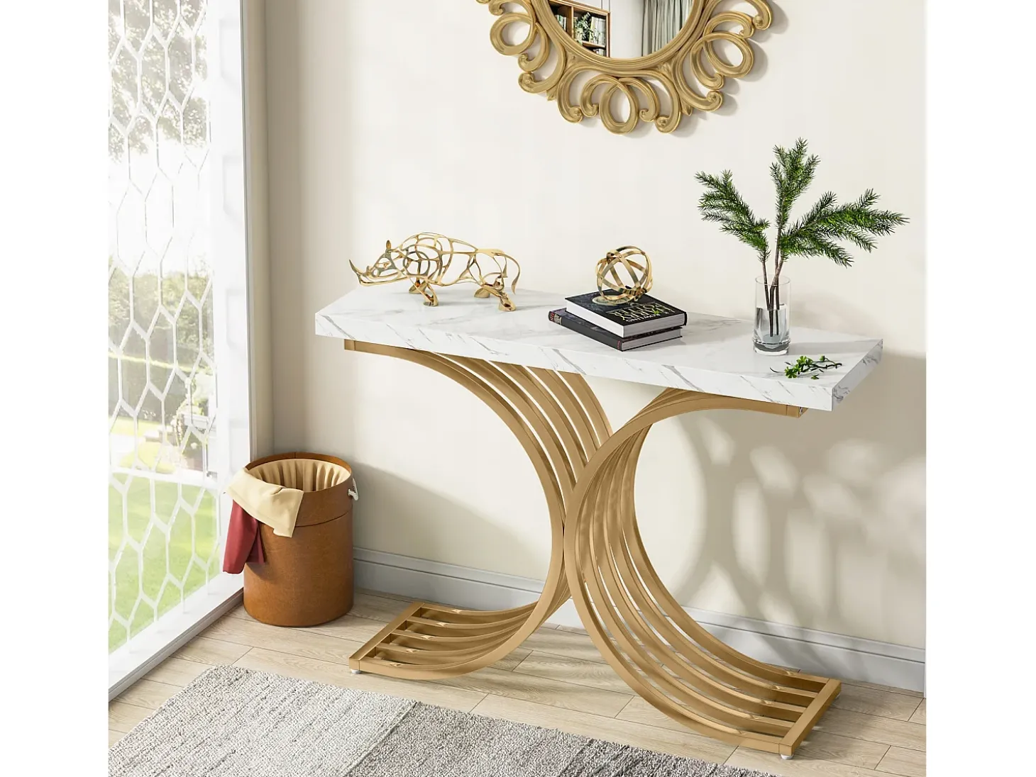 Console estreita para mesa, mesa auxiliar com estrutura em metal dourado, 100 x 30 x 80 cm, pequena mesa de exposição