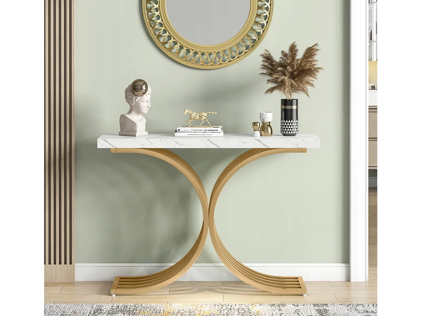 Console estreita para mesa, mesa auxiliar com estrutura em metal dourado, 100 x 30 x 80 cm, pequena mesa de exposição
