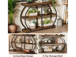Console industrial de mesa com três níveis, com estrutura de metal arqueada e prateleiras de armazenamento
