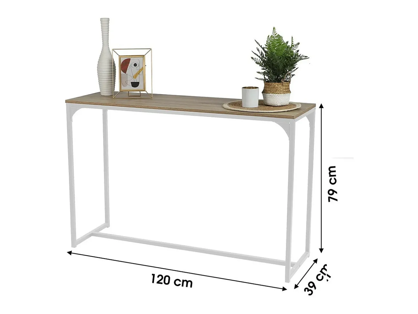 Console style industriel collection PUEBLO. Coloris chêne, structure robuste en métal blanc.