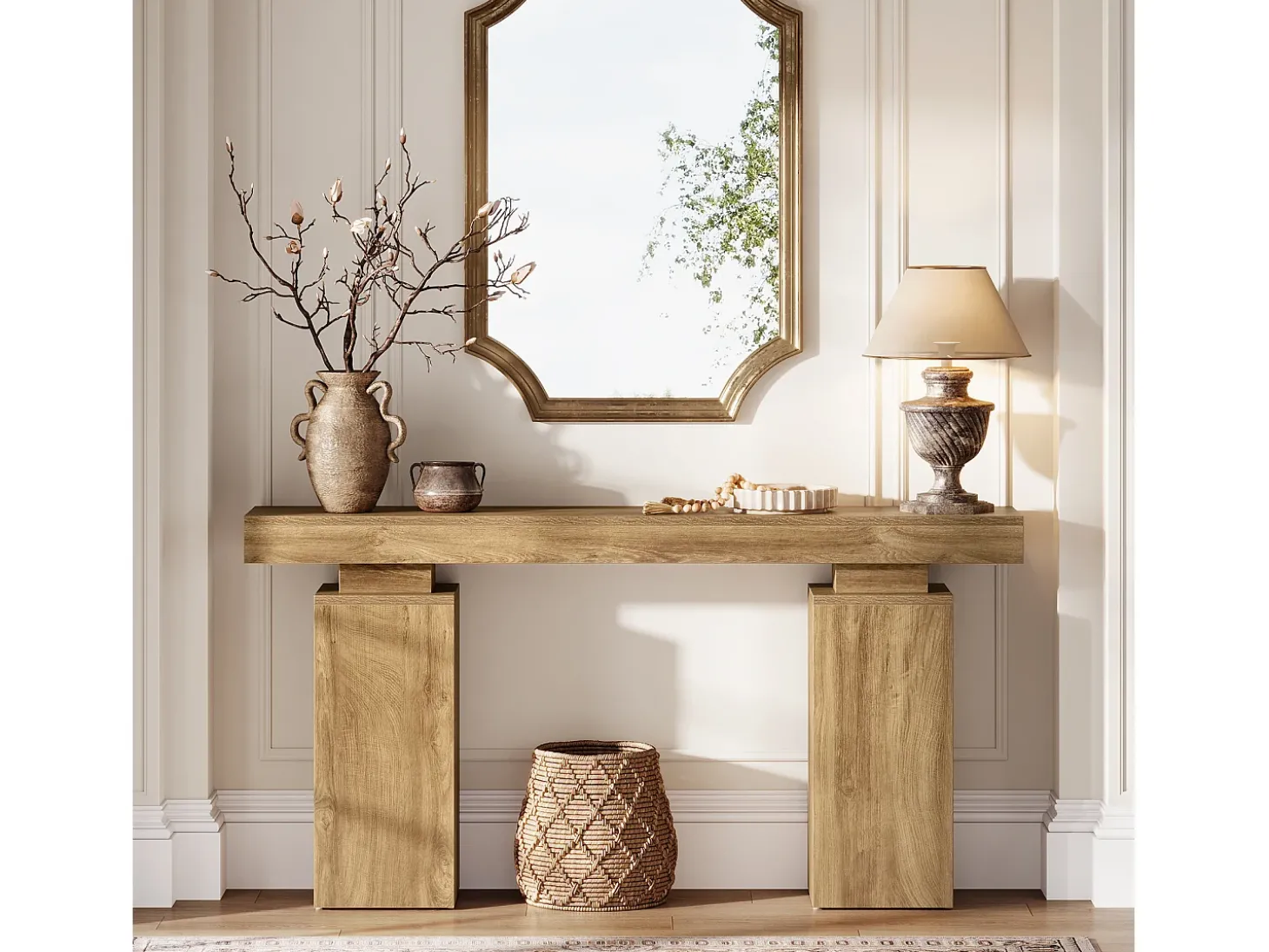 Console table com 160 cm de comprimento, mesa de entrada de fazenda atrás do sofá