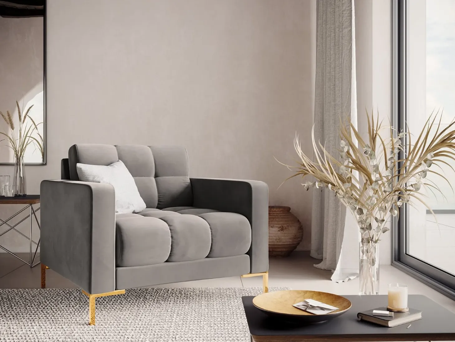 Cosmopolitan Design - Poltrona "Bali" em veludo cinza claro - 87x92x75cm