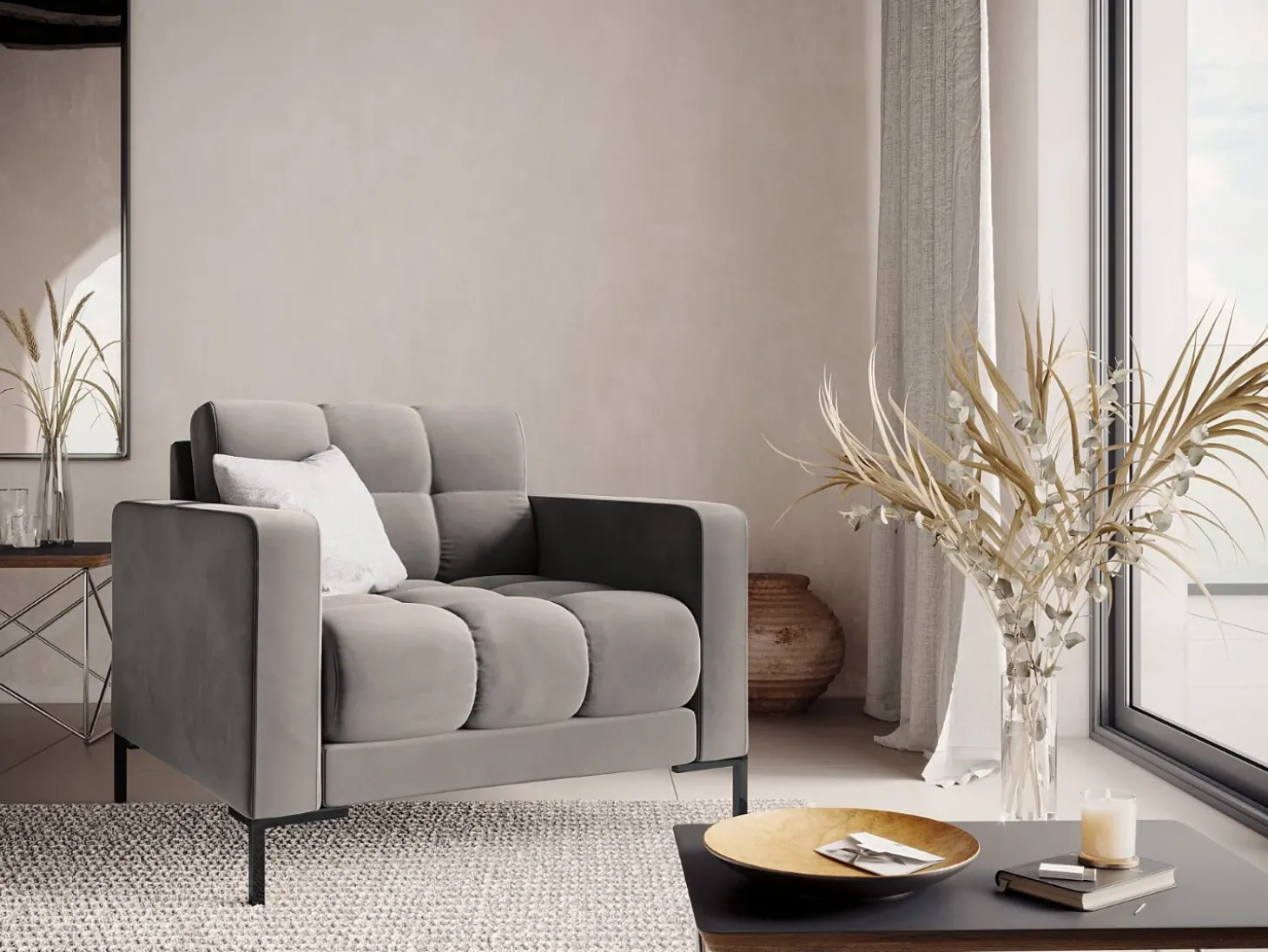 Cosmopolitan Design - Poltrona "Bali" em veludo cinza claro - 87x92x75cm