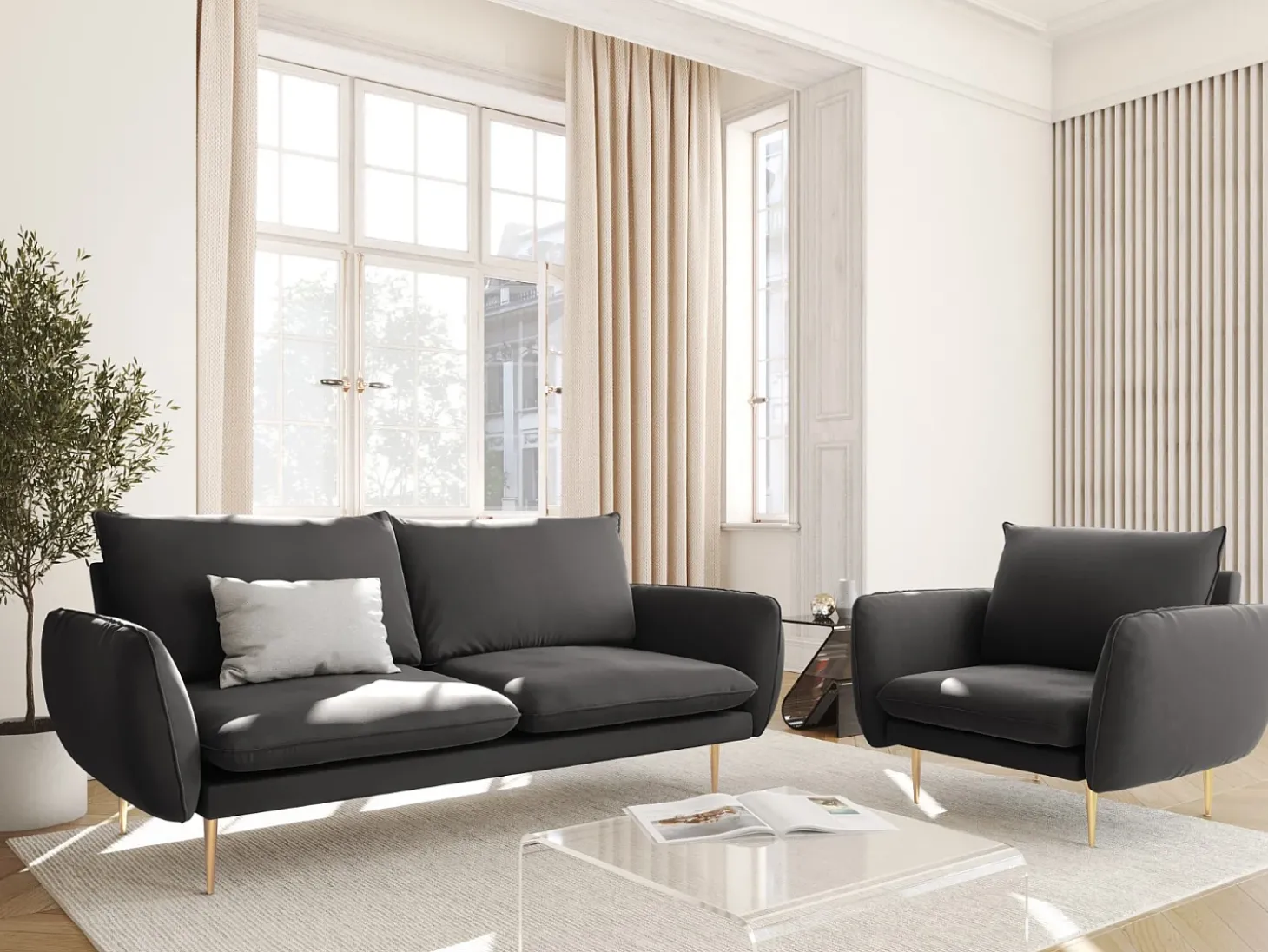 Cosmopolitan Design - Poltrona "Vienna" em veludo cinza escuro - 97x94x95cm