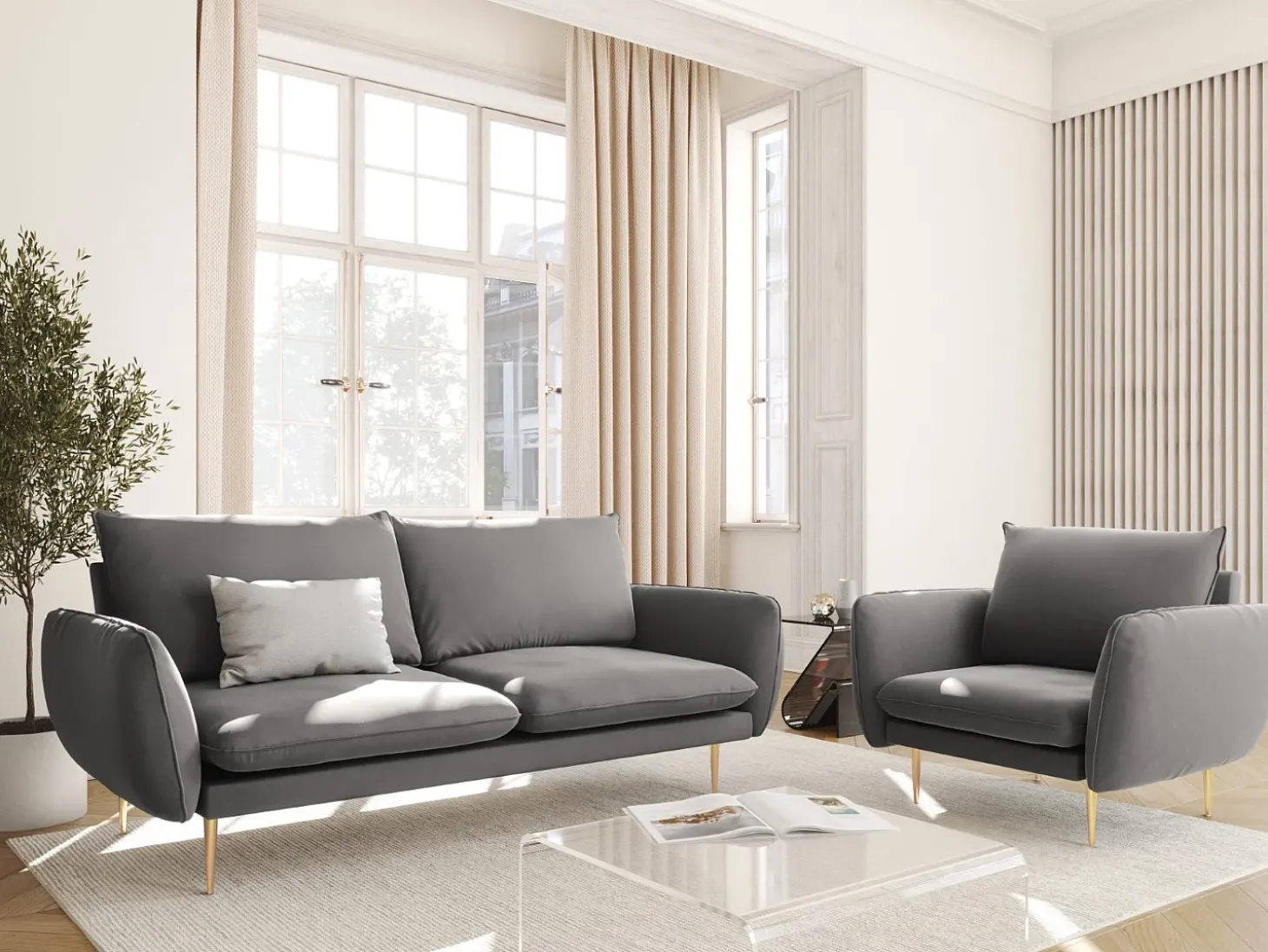 Cosmopolitan Design - Poltrona "Vienna" em veludo cinza claro - 97x94x95cm