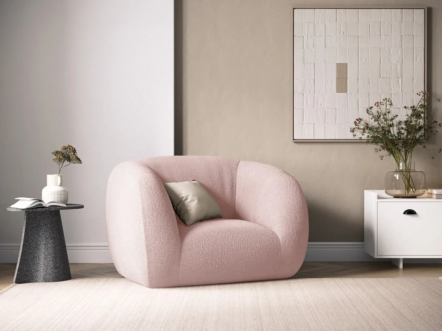 Cosmopolitan Design - Poltrona "Essen" em tecido bouclé rosa pálido - 130x95x86cm