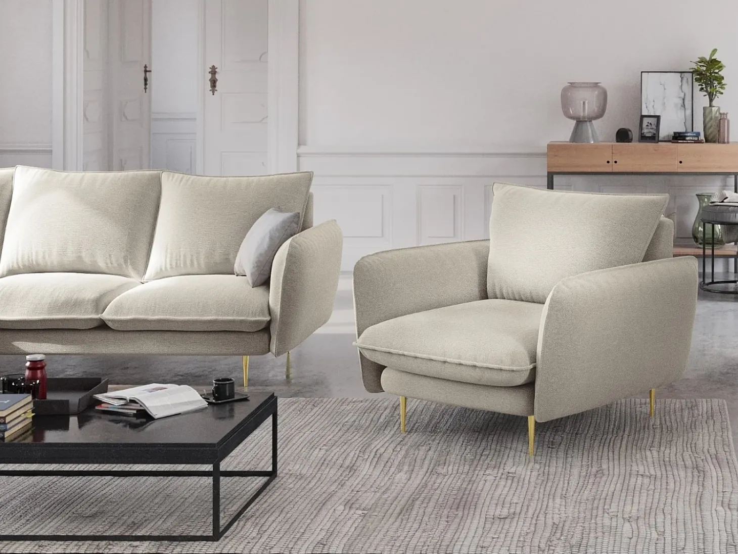 Cosmopolitan Design - Poltrona "Vienna" em tecido estrutural bege claro - 97x94x95cm