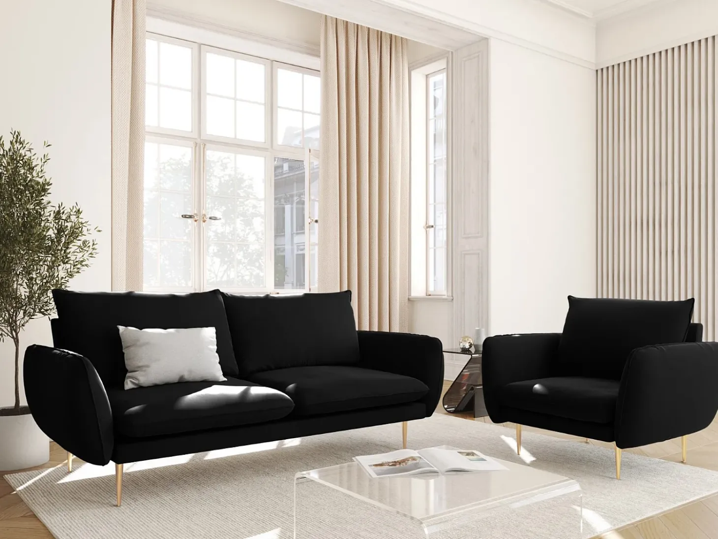 Cosmopolitan Design - Poltrona "Vienna" em veludo preto - 97x94x95cm