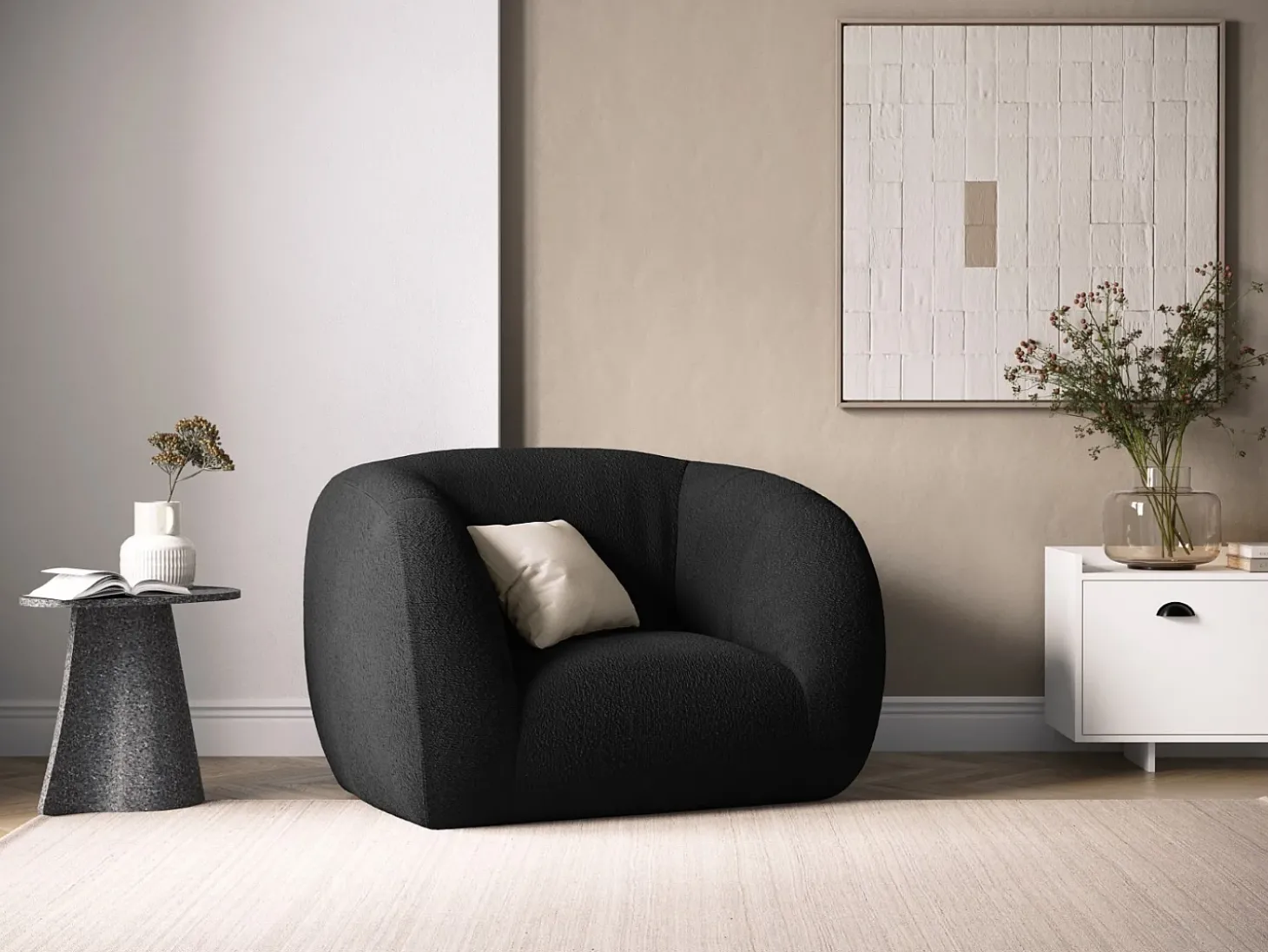 Cosmopolitan Design - Poltrona "Essen" em tecido bouclé preto - 130x95x86cm