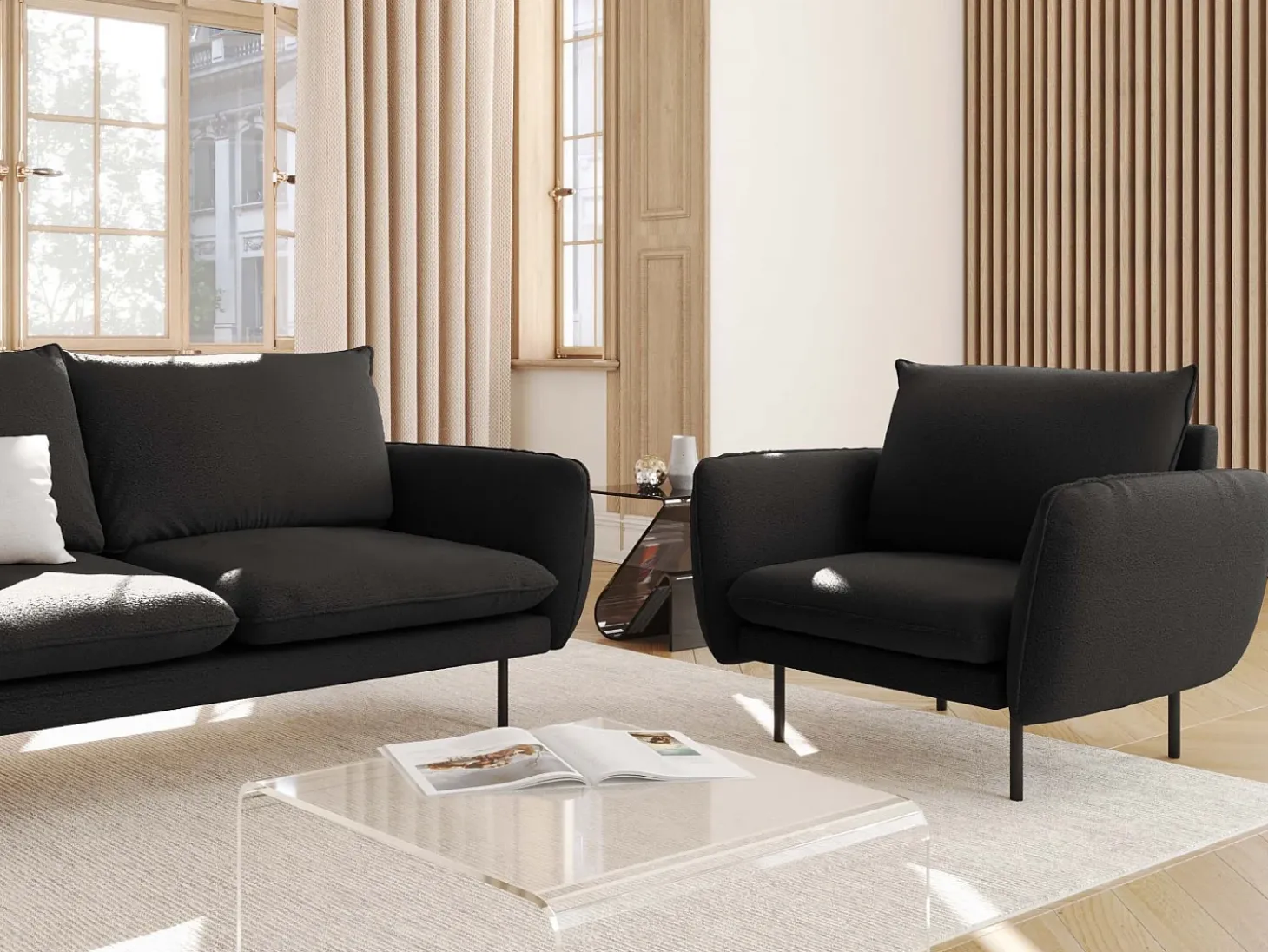Cosmopolitan Design - Poltrona "Vienna" em tecido bouclé preto - 97x94x95cm