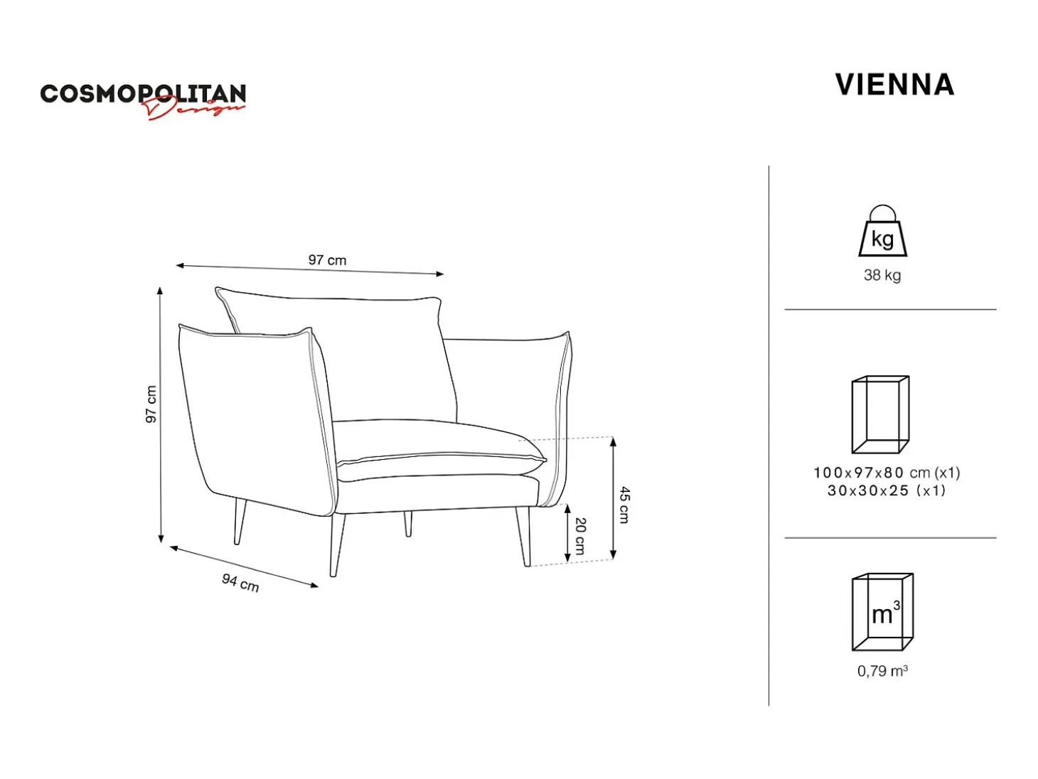Cosmopolitan Design - Poltrona "Vienna" em tecido bouclé preto - 97x94x95cm