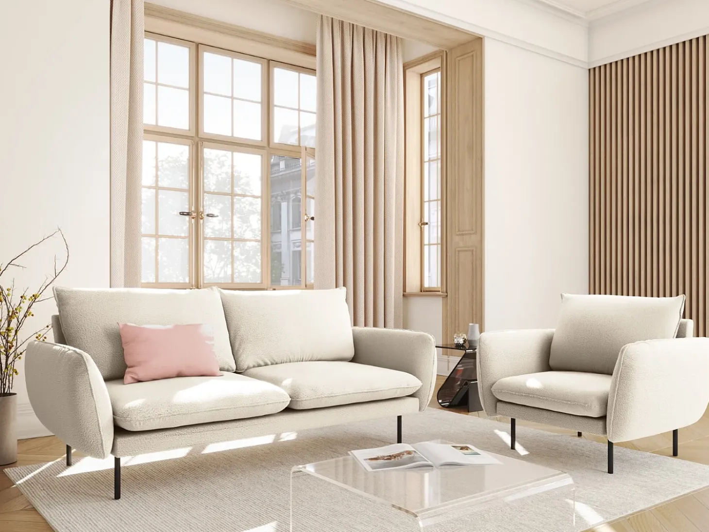 Cosmopolitan Design - Sofá "Vienna" 2 lugares em tecido bouclé bege - 160x92x95cm