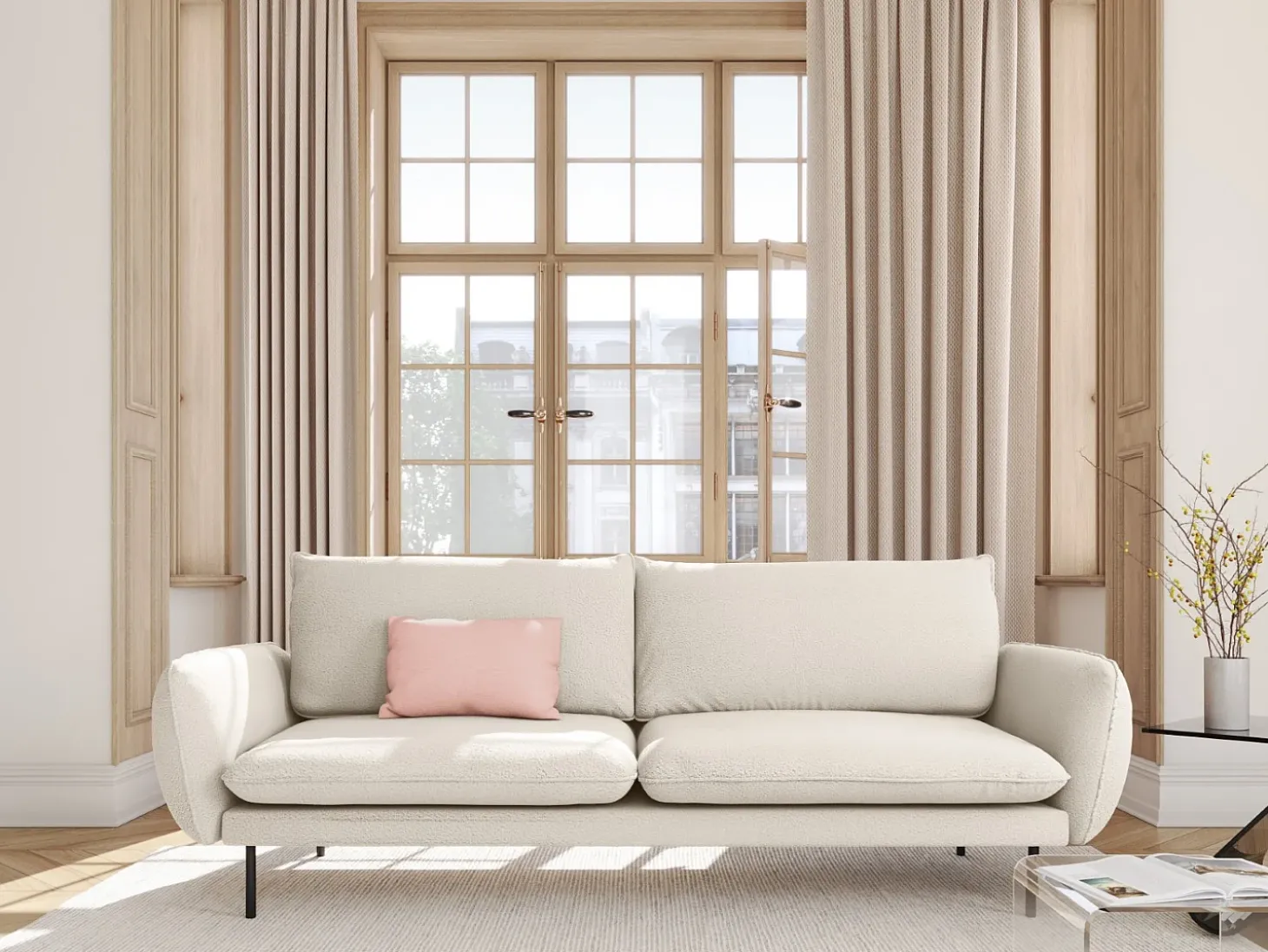 Cosmopolitan Design - Sofá "Vienna" 4 lugares em tecido bouclé bege - 230x92x95cm